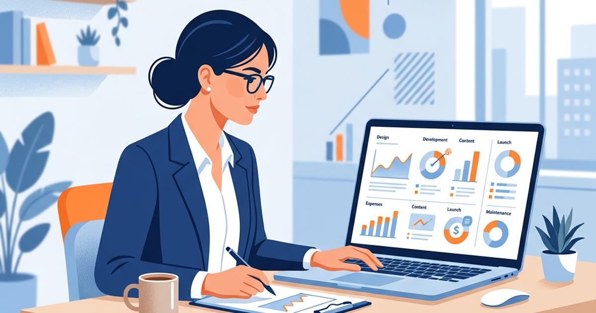Pebisnis sedang membandingkan estimasi biaya pembuatan website company profile di laptop.