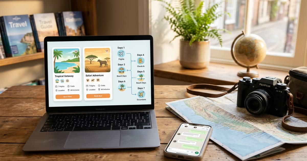 Tampilan website travel dengan katalog paket wisata, itinerary harian, dan tombol booking WhatsApp.