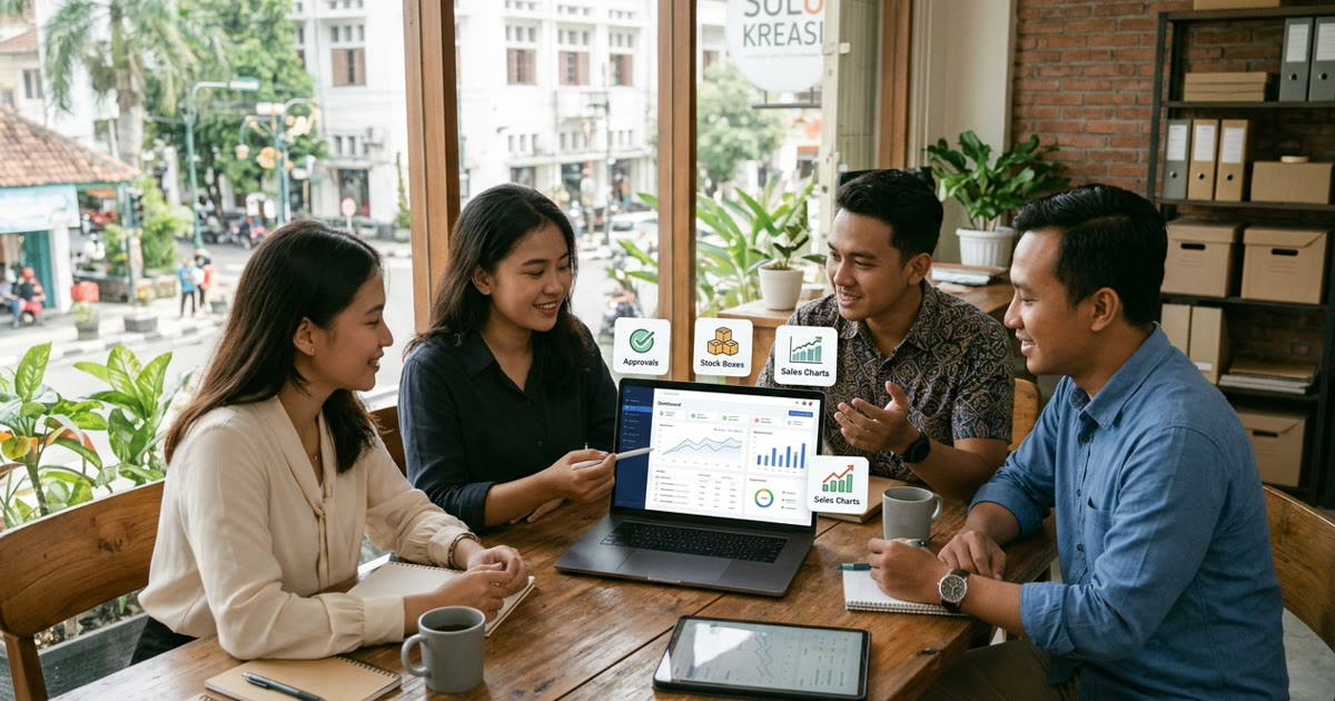 Tim UMKM di Solo memakai dashboard web app custom untuk approval, stok gudang, dan laporan penjualan.