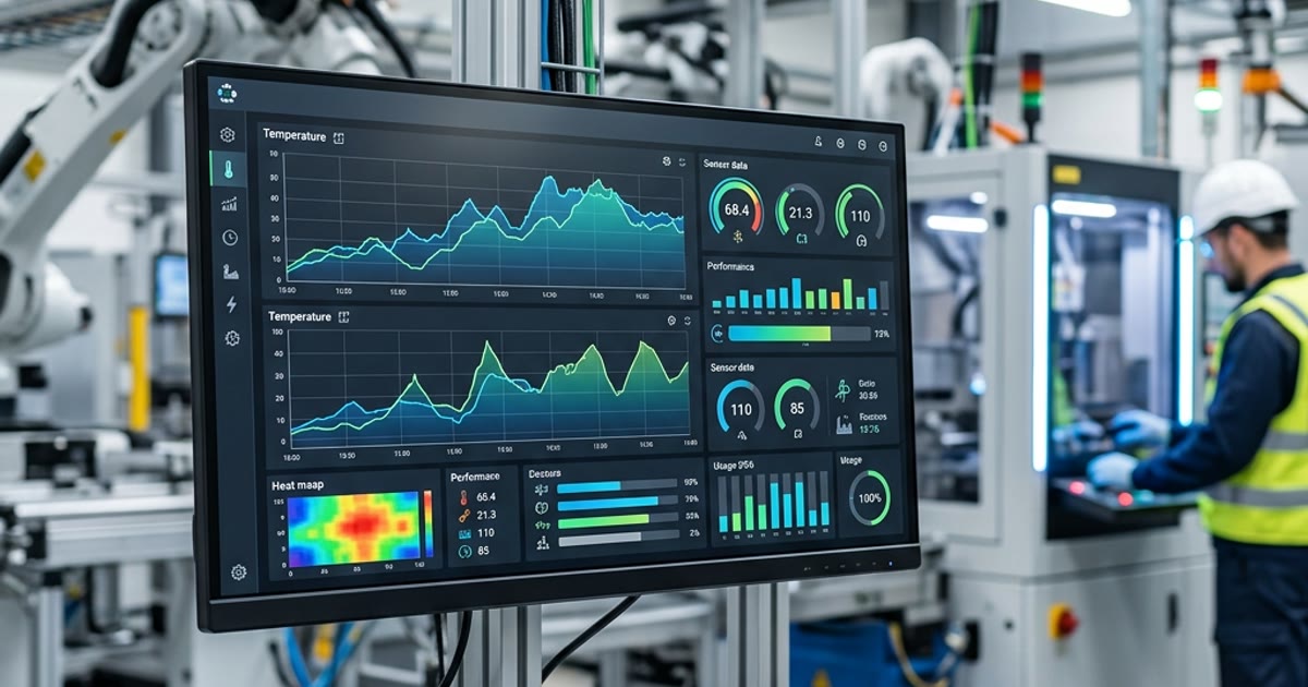Visualisasi sistem IoT industri dan peternakan modern di Karanganyar dengan grafik monitoring real-time pada layar komputer.