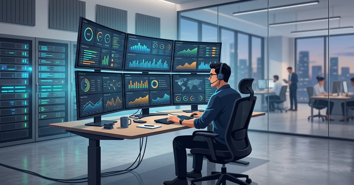 Ilustrasi teknisi IT sedang melakukan maintenance server dan pengecekan kode website