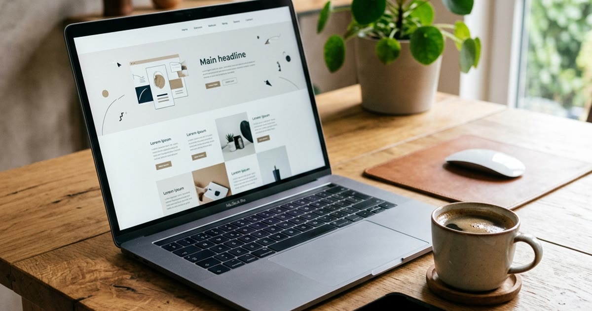 Tampilan mockup website bisnis profesional pada layar laptop dan smartphone di atas meja kerja.