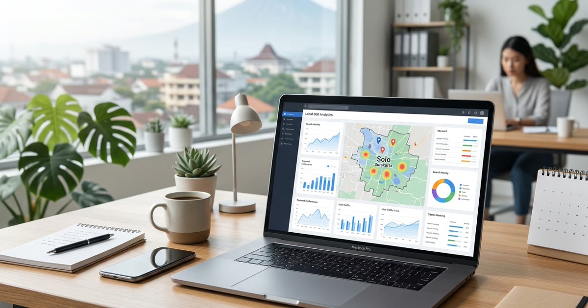 Ilustrasi optimasi website dan analisis grafik SEO untuk bisnis lokal di Solo
